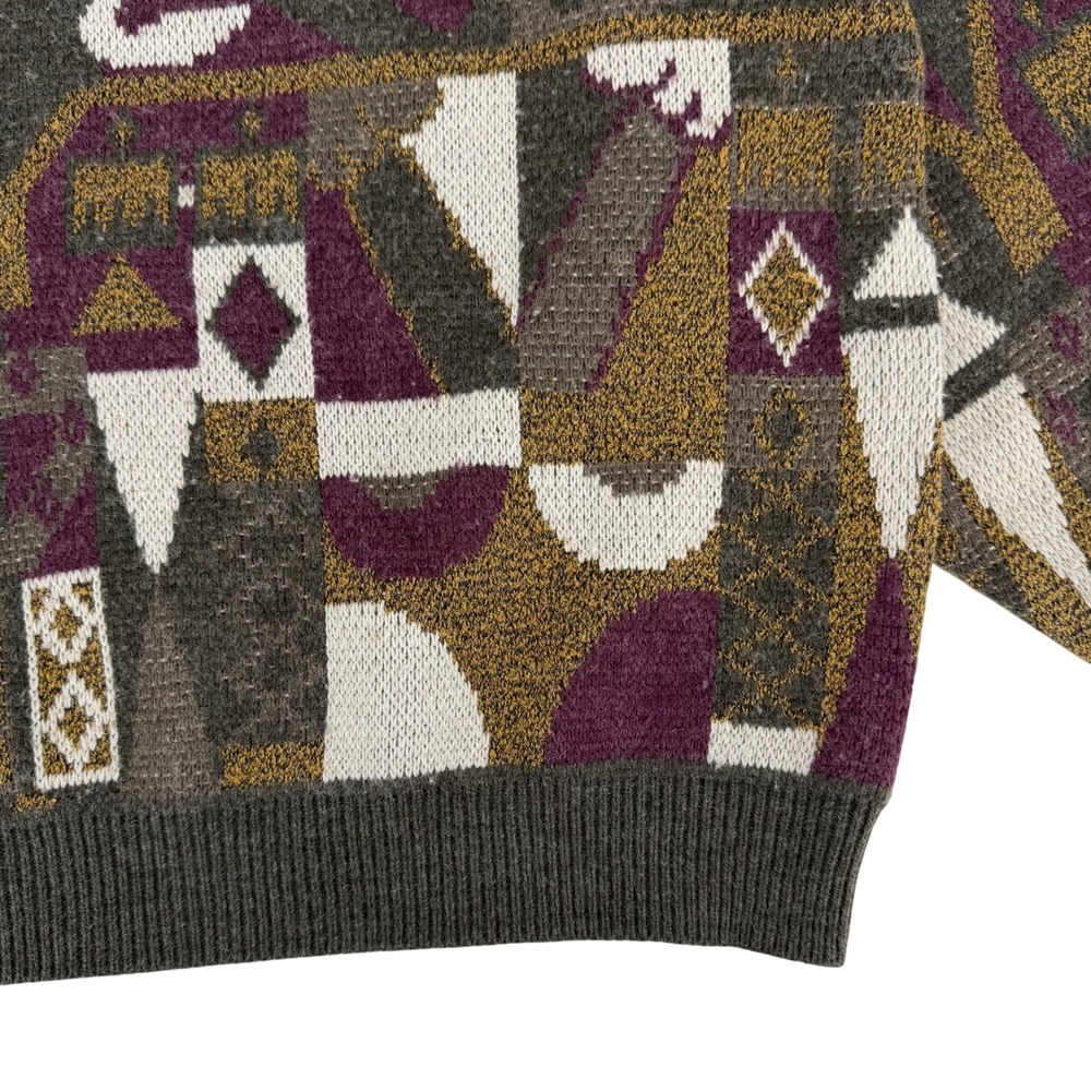 JT Beckett Vintage Mens XLT Abstract Geometric Knit Crewneck Sweater Olive Green - Picture 4 of 10